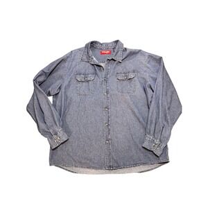 Wrangler Mens Blue Denim Button Down Shirt Long‎ Sleeve Cotton Workwear 2XL